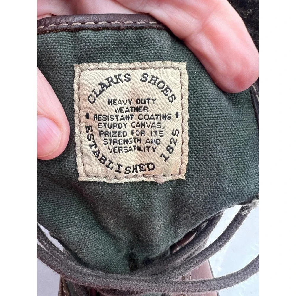 Vintage Clarks Green Canvas Brown Leather Wool Lined Boots 11.5 M Waterproof
